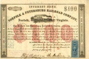 General William Mahone signed Norfolk and Petersburg Railroad Co - $100 Bond